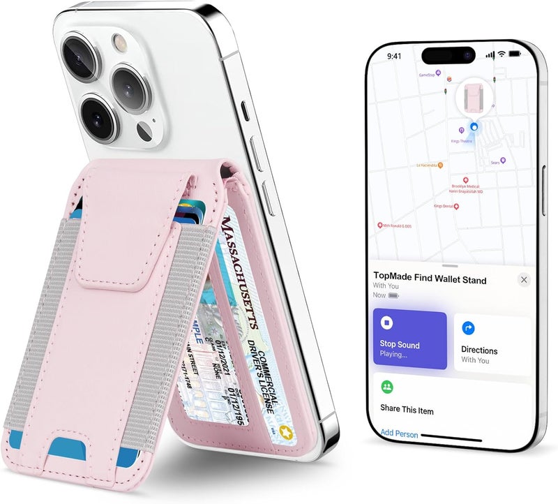 TopMade for Magsafe Wallet, Works with Apple Find My, Strongest Magnetic Wallet for iPhone 17/16/15/14/13/12 Series, Mganetic Card Holder with Adjustable Stand, RFID Blocking, 9 Cards Holder, Pink - Image 1